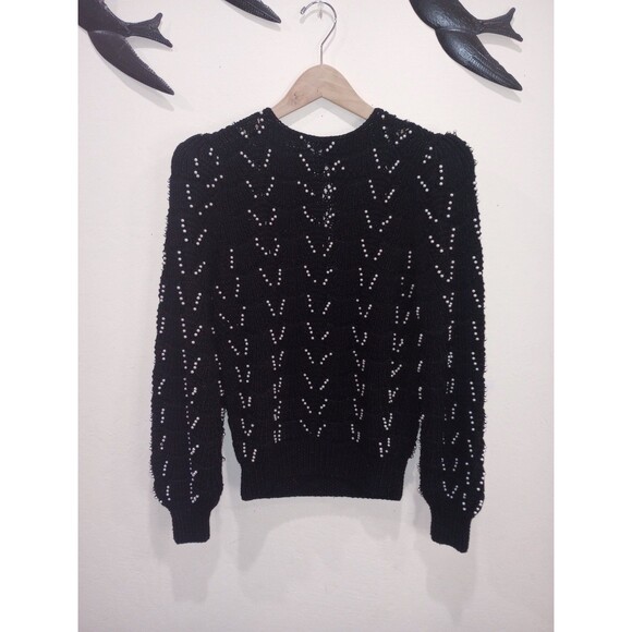 Vintage 1980s Nannell Hand Knit Black Sweater With Pearl Beading - L - Picture 5 of 8